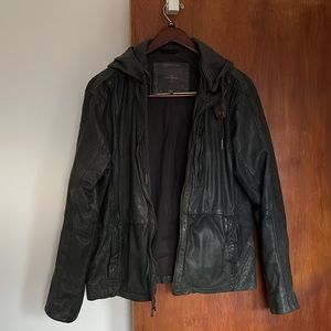 Used Cole Haan Men’s Leather Jacket with Removable Hoodie in Gray